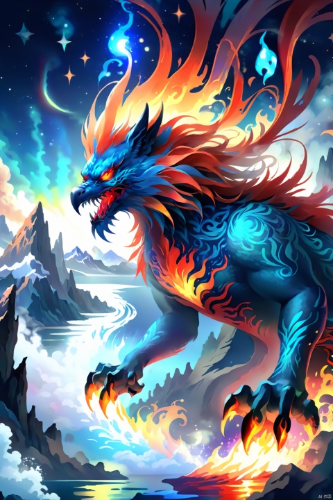 absurd, ((high-resolution)), ultra detailed, artistic illustration, 8k, (intricate detailed design), vivid colors,  phoenix Phantom beast, blue and red fire anura, glowing eyes, unexplored mountain, (Eruption: 1.1), starlight lake, reflection stars, night, abyssal, darkness, Blue flame and red flame color theme, fractal, psychedelic, whimsical