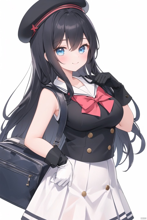  1girl, beret, bow, dress, elbow_gloves, gloves, hat, long_hair, sailor_collar, simple_background, smile, solo, white_background, white_dress，School uniform, one black tie, school uniform, blue skirt, bag pack, perfect body, large chest, perfect chest, large hips, perfect hips, Nico Robin
