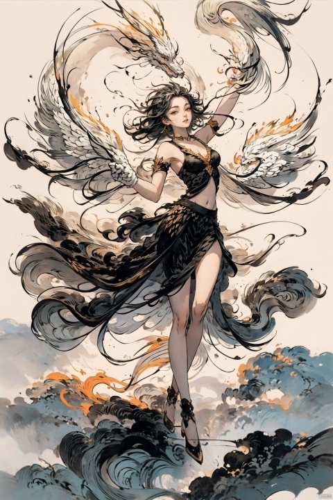  A young woman dances with a phoenix under the moonlight,the phoenix's wings glowing like flowing flames,and the young woman's skirt sways gently with her steps,their harmony resonating like celestial music,