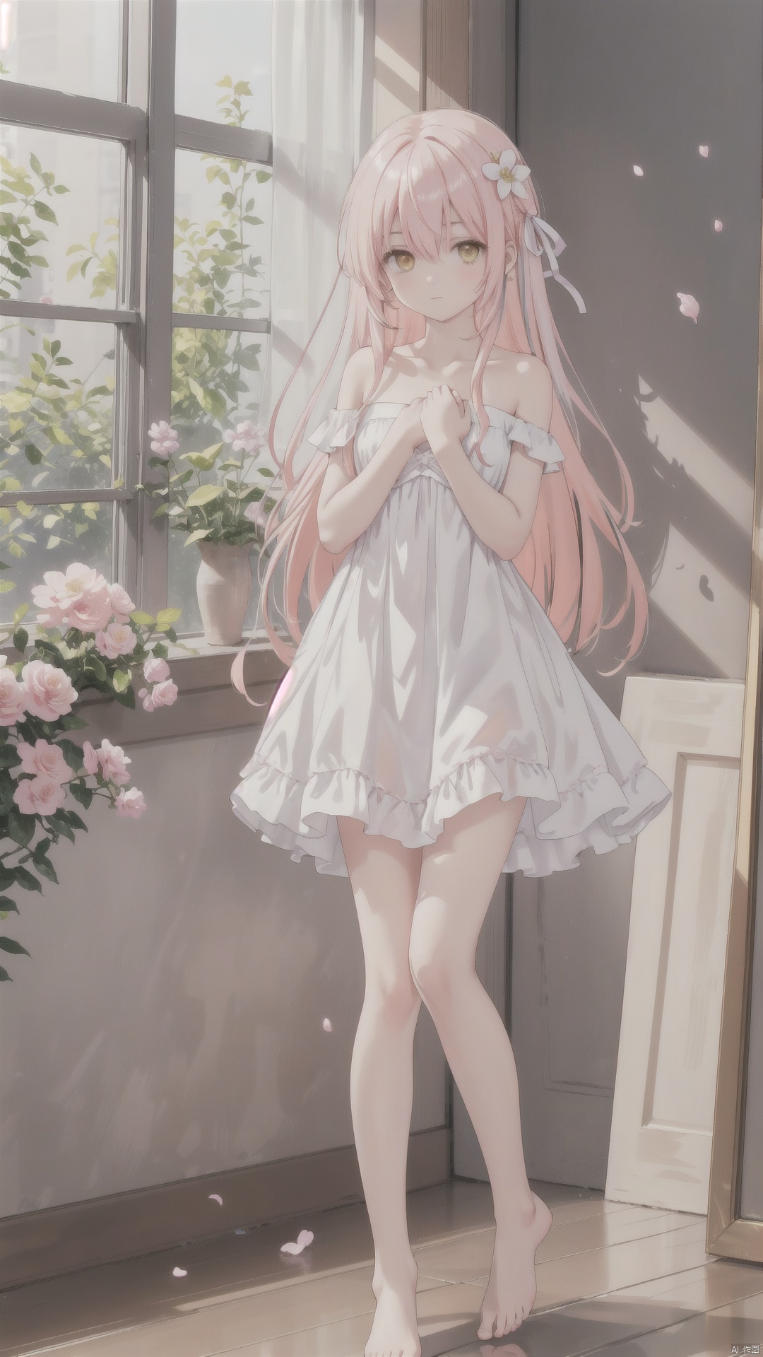  1girl, solo, long hair, looking at viewer, bangs, hair ornament, dress, ribbon, hair between eyes, bare shoulders, jewelry, very long hair, full body, yellow eyes, pink hair, flower, barefoot, white dress, petals, bare legs, strapless, strapless dress, hands on own chest, ankle ribbon