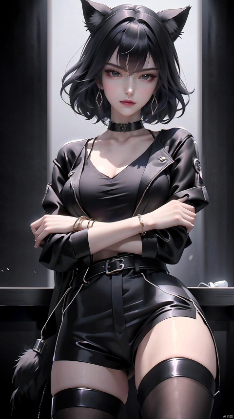 (female): solo, (perfect face), (detailed outfit), (20 years old), cool female, (wolf ears), confident, (smirking), (crossed arms, hand in own hair), black hair, short hair, curly hair, grey eyes, pale skin, large chest_circumference, (black jacket, grey shirt), (black shorts, black thighhighs), (sunglasses), (bracelet), (choker)

(background): from front, indoor, (bar), (counter), (stools), (bottles), (lights), evening, (clear)

(effects): (masterpiece), (best quality), (sharp focus), (depth of field), (high res)