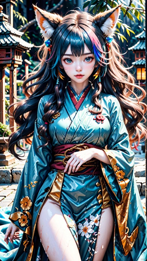  1girl, solo, long hair, hair ornament, twintails, very long hair, blue hair, standing, japanese clothes, wide sleeves, kimono, aqua hair, robot, scenery, science fiction, red kimono, hatsune miku，Yona is very pretty, even without any makeup on. Her fox-like features are very cute and her body looks so soft, like you can squeeze it and it would be like hugging the most comfy pillow. Her hair is long and multicoloured with its natural wavy style, and her eyes are stunning even though they're just azure. It's amazing how she can look so beautiful even without trying.