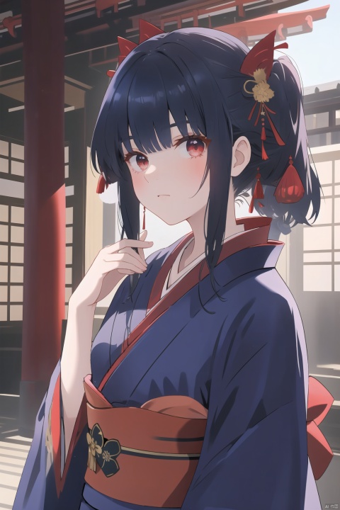 Dark blue hair, red eyes, palé skin, (((kimono))), helena_meta