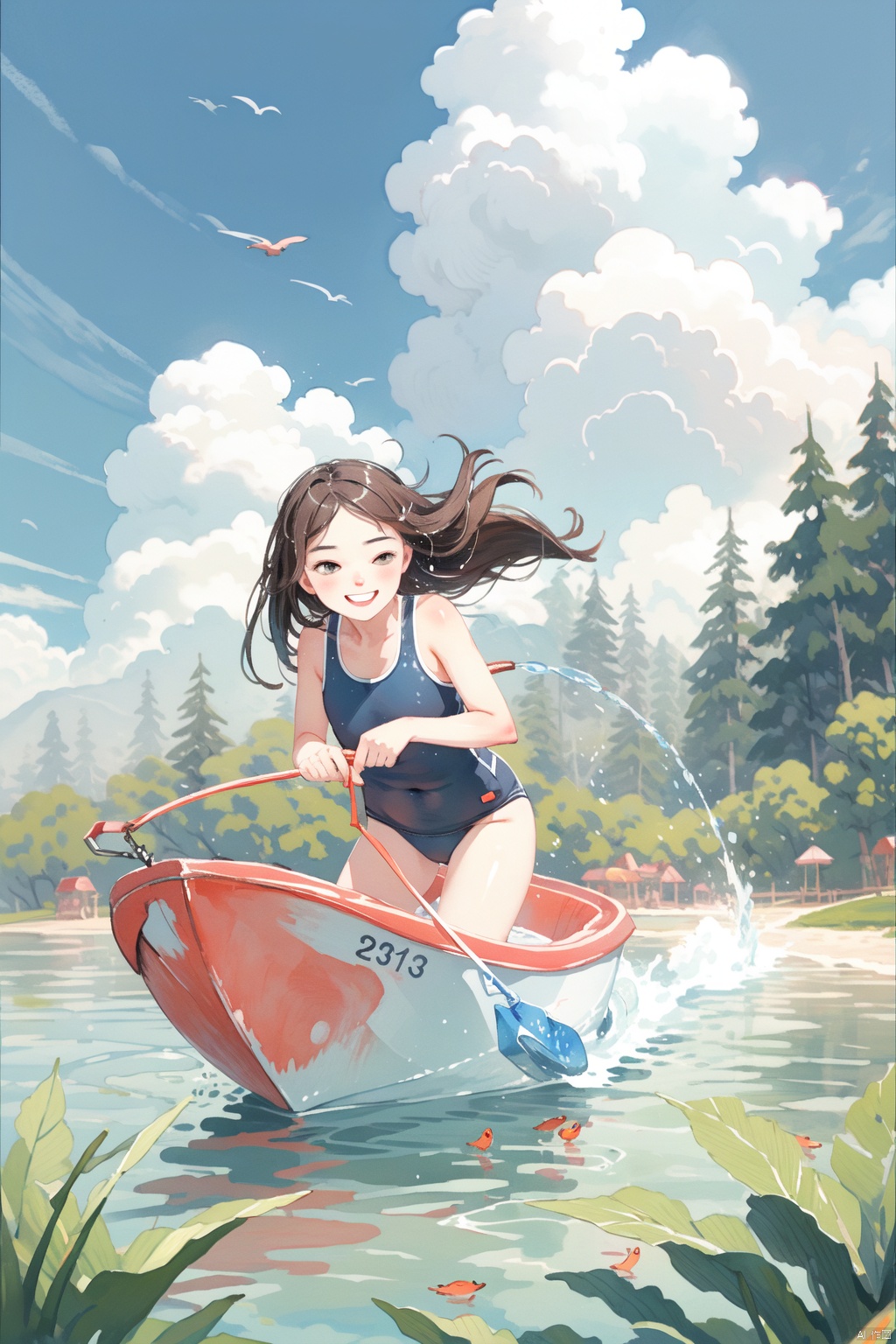countryside, fishing for carp, water drops, girl, smile, school swimwear, dynamic, motion blur, action line, highest_detailed, decorated, hyper_deformed smile