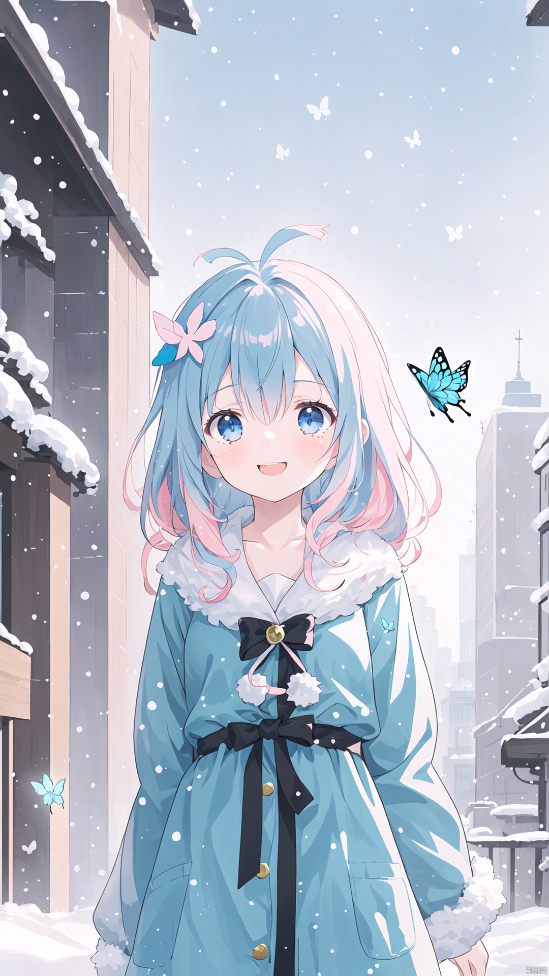  1girl, solo, long hair, blue eyes, hair ornament, dress, ribbon, blue hair, pink hair, multicolored hair, hair over one eye, gradient hair, blue dress, antenna hair, bug, butterfly, blue butterfly，Snowy city center.
BREAK
A black-haired woman sits alone, wearing a blue coat with a white, fluffy collar. She smiles warmly, looking up at the sky. Her eyes are blue, reflecting the sky. She seems nostalgic or hopeful.
BREAK
Skyscrapers tower over the street, where cars and people come and go. She spends her time quietly, in contrast to the hustle and bustle of the city.
BREAK
The snow falls, creating a white carpet around her. The snow accumulates on her skin and clothes, but she doesn't mind. She likes this place, where she can listen to her heart and get closer to her dreams.
BREAK
She doesn't move yet. She still looks at the sky. She still looks beautiful.
