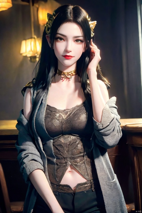 (female): solo, (perfect face), (detailed outfit), (20 years old), cool female, (wolf ears), confident, (smirking), (crossed arms, hand in own hair), black hair, short hair, curly hair, grey eyes, pale skin, large chest_circumference, (black jacket, grey shirt), (black shorts, black thighhighs), (sunglasses), (bracelet), (choker)

(background): from front, indoor, (bar), (counter), (stools), (bottles), (lights), evening, (clear)

(effects): (masterpiece), (best quality), (sharp focus), (depth of field), (high res)