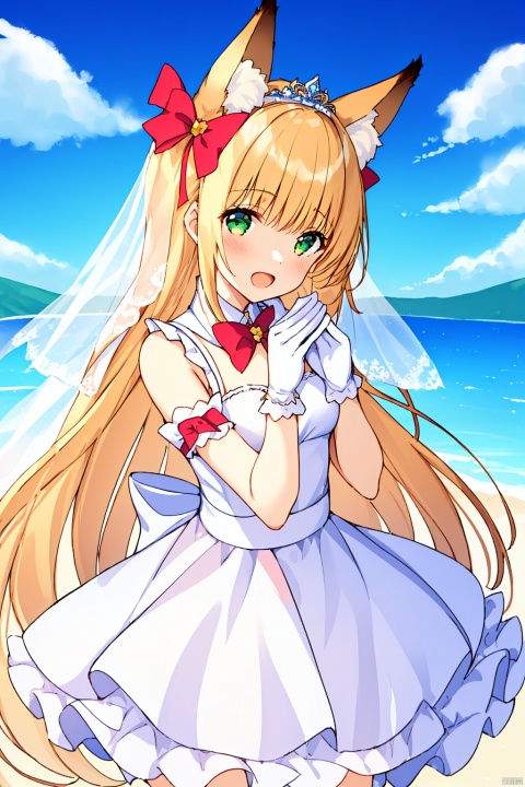  1girl, solo, long hair, looking at viewer, open mouth, gloves, dress, bow, holding, bare shoulders, full body, flower, frills, socks, white gloves, white dress, tiara, veil, strapless dress, bouquet, wedding dress, bridal garter, bridal veil，A woman (a familiar face) wearing the magical symbols of the shining sun, clear sky, fine swirls and perfect wind: hills, fox ears, fox tail, clear skies, the mystery of the Japanese wind, the beauty of tranquility A cute fantasy world based on smiles, dignity, Celestia, and white and green.
