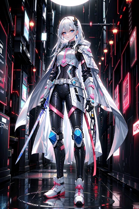  1 Girl, Blue Eyes, Sword in Hand, Pink Armor, Chinese Armor, White Hair, Cape, Dynamic Posture, Night, Outdoors, Ancient Chinese Architecture, Cyber Digital Lighting, Neon Lights, Cyber Colors, Reflective Floor, Standing Water, Broken Mirror.