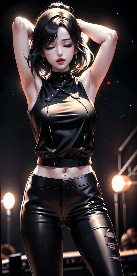 a girl playing a guitar in a concert, 1 girl, black hair, arm tatto, black hair, piercing, leather sleeveless jacket, black leather pants, closed eyes, open mouth 