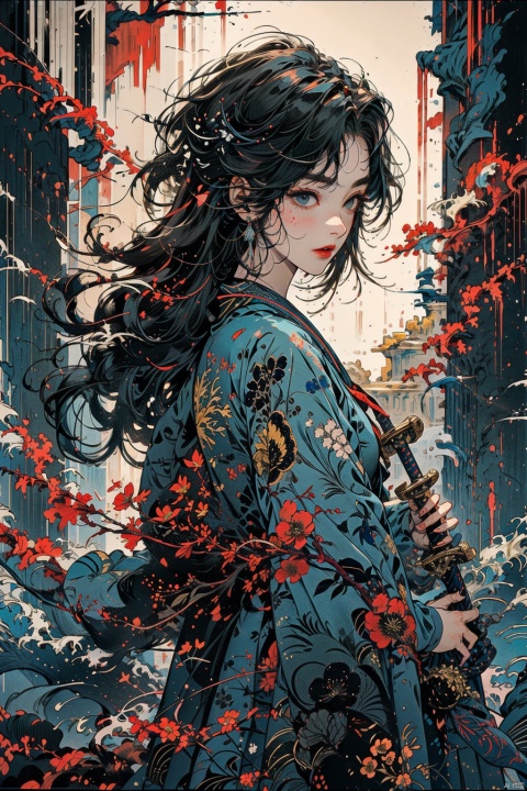  1 girl, holding a Japanese sword, not looking at the camera, three-dimensional facial features, Asian face, bangs, long hair, solo, blue eyes, holding, glow, robot, mecha, science fiction, open_ Hand, movie lighting, strong contrast, high level of detail, best quality, masterpiece, spirit, crystal_ Dress, crystal, with white, blue, and silver as the main color tones Kimono, Hanfu, clouds, with a background of an Eastern dragon (with high-precision details)., long, Chinese style, sdmai