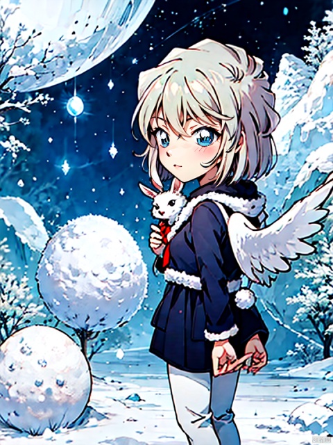 no humans, 1 animal, cute rabbit, white rabbit, fluffy, bipedal, wings on the rabbit's back, blue eyes,
Frozen Tundra background,Polar Night Sky,Fluffy snow, snowing,starlight, star,Horrible unknown,Kawaii, cute, pretty, anime, pastel, neon