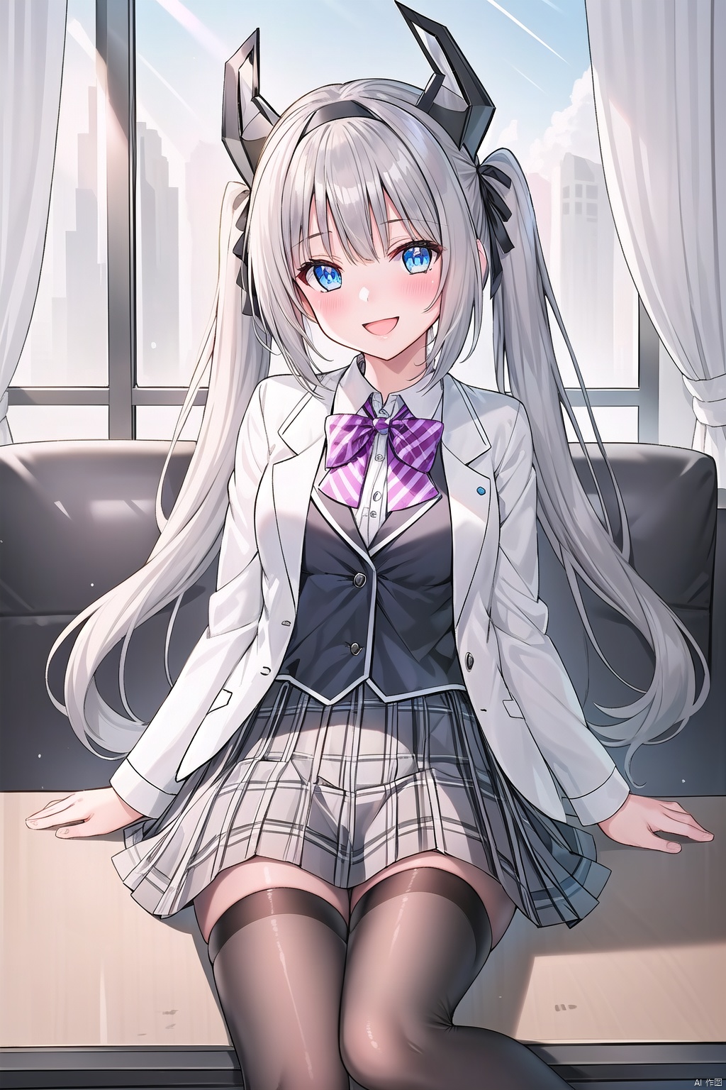  1girl, solo, long hair, breasts, looking at viewer, blush, open mouth, bangs, skirt, blonde hair, shirt, long sleeves, bow, ribbon, sitting, school uniform, green eyes, jacket, full body, hair ribbon, white shirt, pantyhose, pleated skirt, collared shirt, indoors, bowtie, two side up, black jacket, book, plaid, black pantyhose, window, black ribbon, plaid skirt, wariza, no shoes, stuffed toy, blazer, between legs, purple skirt, bookshelf，(((solo))),(((1 girl))),  beautiful, illustration, extremely detailed skin, masterpiece, best quality, extremely detailed face, vibrant colors, depth of field, cinematic lighting, sharp focus, slender, slim, cowboy shot, pov,  (anime screencap:1.1), ((kind smile)), blush, parted lips, (((shiny skin))), (((glistening skin))), light rays, lens flare, indoors, room, living room, chair, window, (daytime), , (sitting on the chair), more_details:0.5,(knn, gardient hair, hair beads, hairband, horns, blue eyes, twintails)