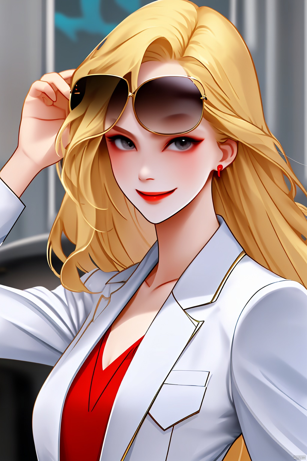 blonde hair, sunglass, pocket, white suits, red tie, smile, anger, look at viewer, rounded shoulders, woman