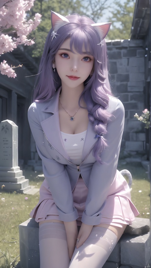  (ice:1.3), Masterpiece, best quality, ultra detailed, extremely detailed, sharp focus, 1 girl, long pastel purple hair, pink eyes, sailor school uniform, unzipped pink jacket, Cat ears, Cat tail, outside, flowers ,add_detail:1, add_detail:0, add_detail:0.5, more prism, vibrant color, white pantyhose, cuteloli, (\shuang hua\), Light master，A ghost girl smiling innocently and talking to her friends (a familiar cute ghost) Graveyard, ruins, ghosts, spirits, blue fireballs, legs missing, feet floating like cloth, stone walls, wilderness, glowing flower fields ( Ghost Girl: 1.2) Dark and dark blue tones, smile, epic, Celestia, fantasy world, cute world, pale girl.