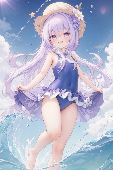  1girl, smile, white long hair, light purple eyes, whole body, exposed arms, Blue dress, Blue and black stockings, sun light at evening, stars at sky atbackground,xinghui(卡拉比丘),星绘(卡拉比丘)，countryside, fishing for carp, water drops, girl, smile, school swimwear, dynamic, motion blur, action line, highest_detailed, decorated, hyper_deformed smile