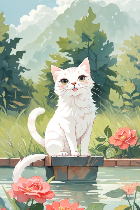  A white cat with long fur is smelling a red rose on a glass vase, creating a beautiful scene, cat, CGArt Illustrator, wu，countryside, fishing for carp, water drops, girl, smile, school swimwear, dynamic, motion blur, action line, highest_detailed, decorated, hyper_deformed smile