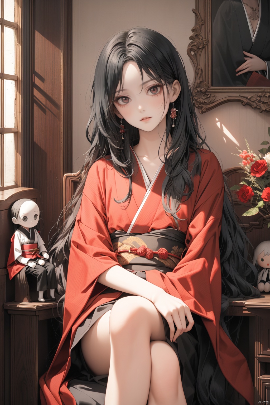 Japanese cursed doll in a transparent box, black long hair, red kimono, evil look, black eyes, porcelain skin, sitting upright - with crossed legs, antique doll, in a dark room, horror,