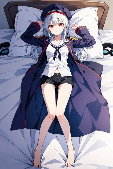  1girl,white hair,long hair,red eyes,(straight bang),(black beret,goggles),white shirt,(lying on bed,under a quilt,pillow),(full body,from above), yingjacket and yingshorts