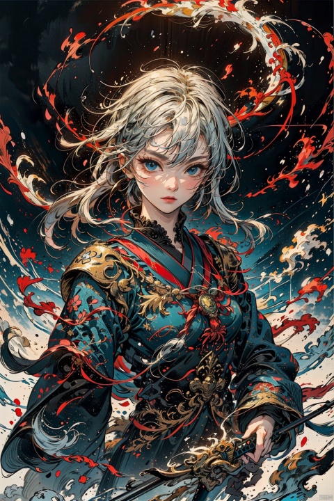 holding a Japanese sword, not looking at the camera, three-dimensional facial features, Asian face, bangs, long hair, solo, blue eyes, holding, glow, robot, mecha, science fiction, open_ Hand, movie lighting, strong contrast, high level of detail, best quality, masterpiece, spirit, crystal_ Dress, crystal, with white, blue, and silver as the main color tones Kimono, Hanfu, clouds, with a background of an Eastern dragon (with high-precision details)., long, Chinese style, sdmai