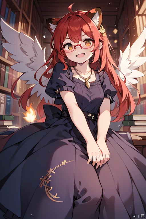  best quality,masterpiece,highres,cg,1girl,Photograph,high resolution,8k, blue long hair,dark,Gothic,Dingdall effect,film grain,canon (company),bokeh,glasses,red hair,necklace，1pokemon, red panda, bright eyes, surrounded by fireballs, pair of angel wings, pyro sigil engraved on the forehead, cute fangs, gold mane, amber eyes, smiling, floating in the air, library