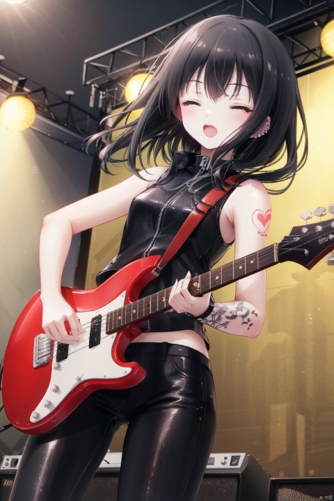 a girl playing a guitar in a concert, 1 girl, black hair, arm tatto, black hair, piercing, leather sleeveless jacket, black leather pants, closed eyes, open mouth 