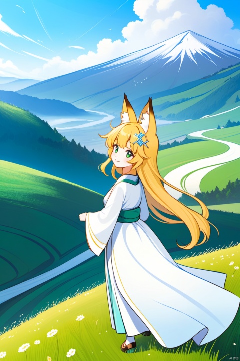 A woman (a familiar face) wearing the magical symbols of the shining sun, clear sky, fine swirls and perfect wind: hills, fox ears, fox tail, clear skies, the mystery of the Japanese wind, the beauty of tranquility A cute fantasy world based on smiles, dignity, Celestia, and white and green.