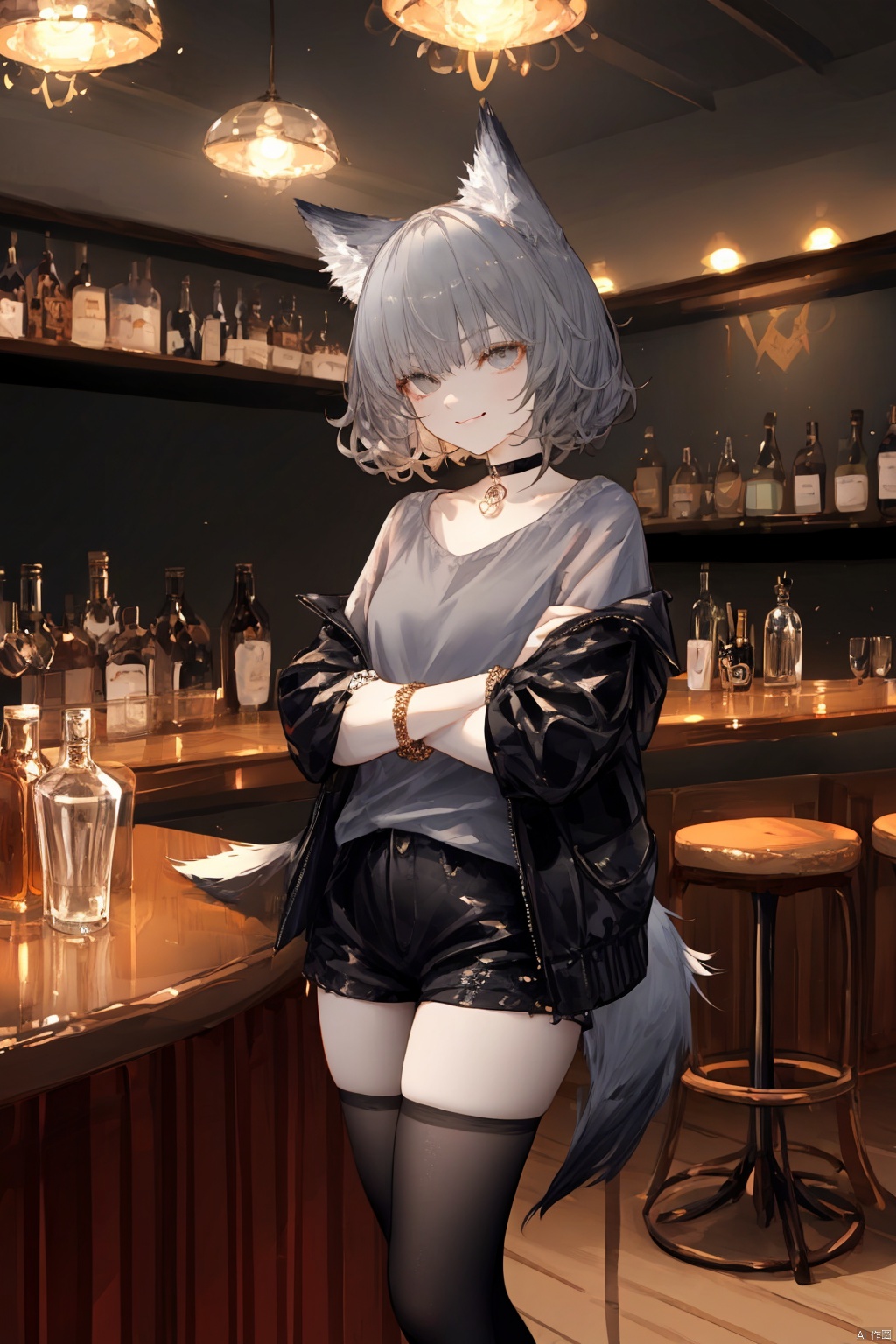 (female): solo, (perfect face), (detailed outfit), (20 years old), cool female, (wolf ears), confident, (smirking), (crossed arms, hand in own hair), black hair, short hair, curly hair, grey eyes, pale skin, large chest_circumference, (black jacket, grey shirt), (black shorts, black thighhighs), (sunglasses), (bracelet), (choker)

(background): from front, indoor, (bar), (counter), (stools), (bottles), (lights), evening, (clear)

(effects): (masterpiece), (best quality), (sharp focus), (depth of field), (high res)