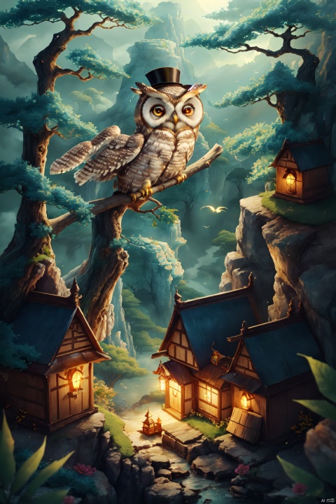 Owl monster with sternness and stealth (familiar owl) Owl eyebrows, dragon tail, cat ears, top hat, light particles, forest, gentle scenery, nuts, birdhouse, grass, flowers, light (owl: 1.5) Smile, Epic, Celestia, Fantasy World, and Cute World based on dark blue and dark red.