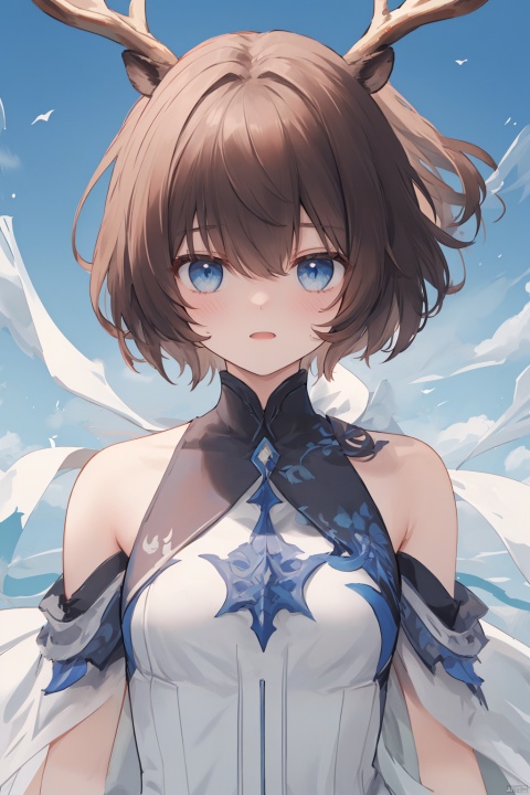  masterpiece,Banbi Kano,deer ears,brown short hair,blue eyes,face to viewer,wind flow,upper body,white dress, white pantyhose, seele,girl，ff14,absurdres, {{{{{{{{{very aesthetic}}}}}}}}}}},{{{{{{{{{{{best quality}}}}}}}}}}},{{{{{{{hyper extreme detaild}}}}}}}
