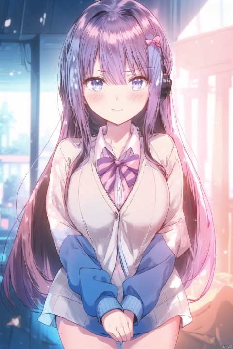  1girl, solo, long hair, breasts, looking at viewer, blush, bangs, blue eyes, simple background, brown hair, long sleeves, white background, hair between eyes, closed mouth, upper body, pink hair, v-shaped eyebrows, sleeves past wrists, headphones, cardigan, anger vein, :t, pout, headphones around neck, spoken anger vein, blue cardigan, nakano miku,1girl, solo, looking at viewer, blush, smile, bangs, blue eyes, background, hair between eyes, closed mouth, purple hair, grey hair, portrait, close-up, eye focus