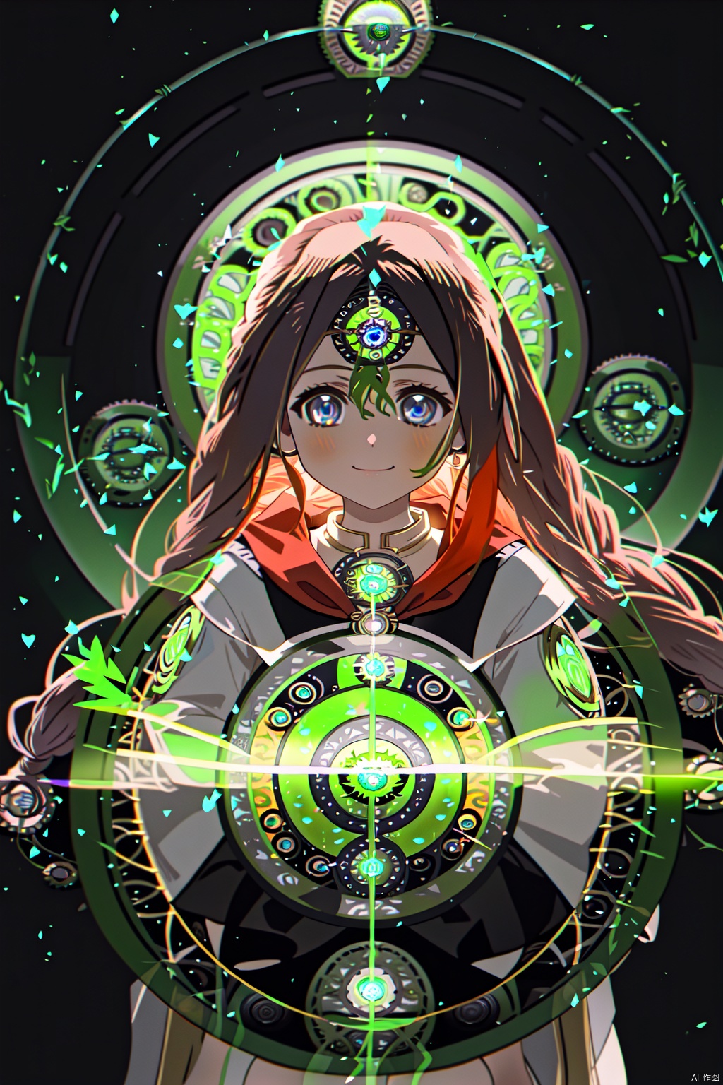  1girl, solo, long hair, looking at viewer, bangs, blue eyes, shirt, long sleeves, hair between eyes, very long hair,red hair, jacket, upper body, sailor collar, black jacket, neckerchief, sleeves past wrists, hands up, red neckerchief, sleeves past fingers, multicolored eyes, 372089，Woman finding symbols in cuneiform (familiar faces) Shining girl Glass, glass crystal, crystal ancient script, glass branch, crystal branch, crystal shape, crystal thorn, crystal vine, glass thorn, glass Vine, Crystal Bush, Glass Bush, Ruins, Wonder, Forest, Flower, Horn (Rotary Glowing Girl: 1.5) Black and yellow tones, Smile, Epic, Celestia, Transparent Fantasy world, cute world.