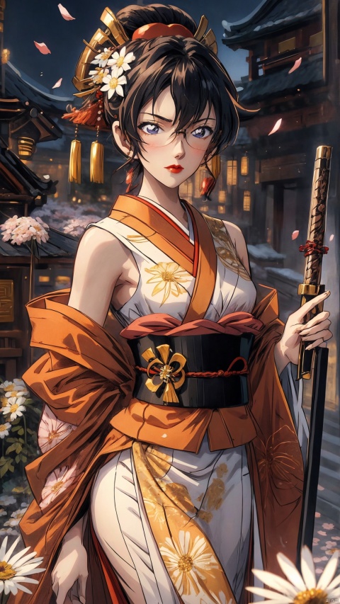 a beautiful anime character with an ornate costume poses amid blooming daisies, 1girl, flower, solo, hair ornament, holding, black hair, hair flower, looking at viewer, kimono, japanese clothes, red lips, holding weapon, weapon, sash