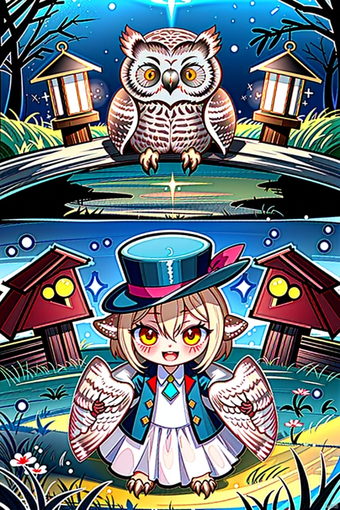 Owl monster with sternness and stealth (familiar owl) Owl eyebrows, dragon tail, cat ears, top hat, light particles, forest, gentle scenery, nuts, birdhouse, grass, flowers, light (owl: 1.5) Smile, Epic, Celestia, Fantasy World, and Cute World based on dark blue and dark red.