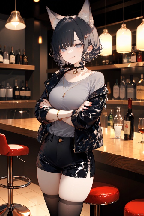 (female): solo, (perfect face), (detailed outfit), (20 years old), cool female, (wolf ears), confident, (smirking), (crossed arms, hand in own hair), black hair, short hair, curly hair, grey eyes, pale skin, large chest_circumference, (black jacket, grey shirt), (black shorts, black thighhighs), (sunglasses), (bracelet), (choker)

(background): from front, indoor, (bar), (counter), (stools), (bottles), (lights), evening, (clear)

(effects): (masterpiece), (best quality), (sharp focus), (depth of field), (high res)