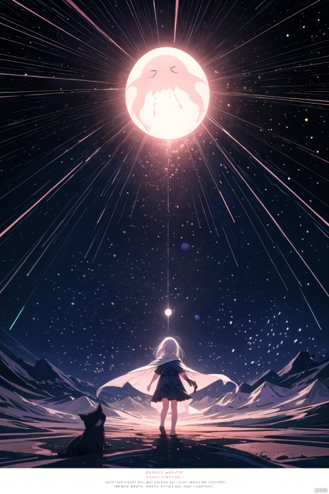  1girl, (loli:1.2), red eyes, white cape, (white hair), long hair, (red hair flower), (blood:1.2), (ghost castle:1.2), (english text), (silhouette), long bangs, evil smile, cover, text below, (distant view:1.2), ethereal dragon，(Space Horror Style:1.3),Top Quality, Ultra-Detailed, ((very fine and beautiful)), Illustration, Film Lighting, Perfect Design, ((detailed background)), ((warm light)), ((accurate background)), (chromatic aberration), (depth of field)), dancing light, Illustration
Light particles, fine dust reflecting in light, visual impact, 
Space horror, 2453 AD,Fierce attacks from jellyfish-shaped spaceships, alien invasion, dark, crew attacked, sweat ,
The fighting look, fighting back from the ground,
Two brave beautiful women, long blonde hair, blue eyes, holding weapons, confronting, sweat, cool, horror-toned dark tones, small lighting, alien silhouette in distance, glowing eyes,
Cold winter, wind blowing, snow falling, bench three cats, something is about to happen, disturbing, lucky, trouble, fun, sunset,
dynamic angle, dynamic pose, sharp focus, Strong wind blowing, 
,starrystarscloudcolorful,
