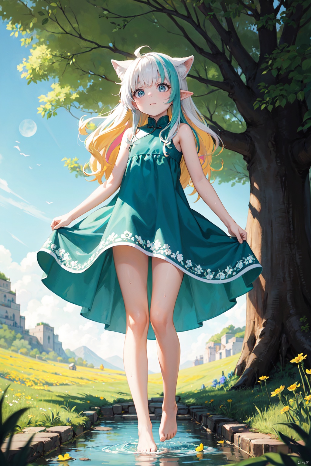  (masterpiece), (best quality),(illustration), ((chinese colorful ink)), best quality, epic scenes, impactful visuals, 1girl,bare shoulders,Light blue eyes,Sparkling eyes,(White light green gradient hair:1),(Light green dress with patterns),(bare legs),(Stepping on the stream:1),(holding flower:1.2),barefoot,long pointy ears,nose blush,flat color,closed mouth,hair twirling,flat color,standing,long hair,solo, green theme,the setting sun,vines,forest,Chamomile,cornflower,lens flare,hdr,Tyndall effect,damp,wet,Yona is very pretty, even without any makeup on. Her fox-like features are very cute and her body looks so soft, like you can squeeze it and it would be like hugging the most comfy pillow. Her hair is long and multicoloured with its natural wavy style, and her eyes are stunning even though they're just azure. It's amazing how she can look so beautiful even without trying.