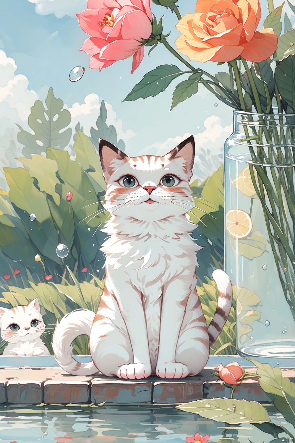  A white cat with long fur is smelling a red rose on a glass vase, creating a beautiful scene, cat, CGArt Illustrator, wu，countryside, fishing for carp, water drops, girl, smile, school swimwear, dynamic, motion blur, action line, highest_detailed, decorated, hyper_deformed smile