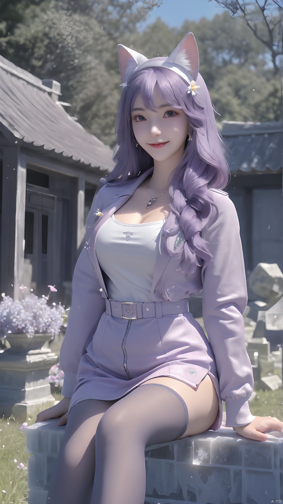  (ice:1.3), Masterpiece, best quality, ultra detailed, extremely detailed, sharp focus, 1 girl, long pastel purple hair, pink eyes, sailor school uniform, unzipped pink jacket, Cat ears, Cat tail, outside, flowers ,add_detail:1, add_detail:0, add_detail:0.5, more prism, vibrant color, white pantyhose, cuteloli, (\shuang hua\), Light master，A ghost girl smiling innocently and talking to her friends (a familiar cute ghost) Graveyard, ruins, ghosts, spirits, blue fireballs, legs missing, feet floating like cloth, stone walls, wilderness, glowing flower fields ( Ghost Girl: 1.2) Dark and dark blue tones, smile, epic, Celestia, fantasy world, cute world, pale girl.