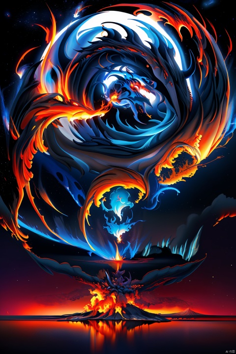 absurd, ((high-resolution)), ultra detailed, artistic illustration, 8k, (intricate detailed design), vivid colors,  phoenix Phantom beast, blue and red fire anura, glowing eyes, unexplored mountain, (Eruption: 1.1), starlight lake, reflection stars, night, abyssal, darkness, Blue flame and red flame color theme, fractal, psychedelic, whimsical