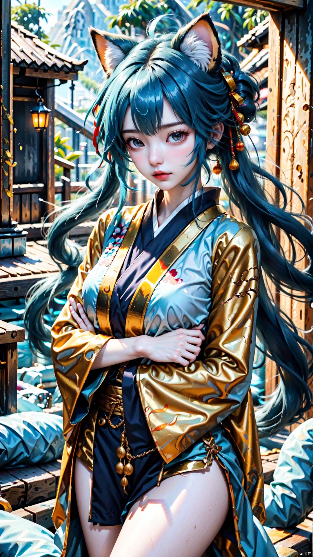  1girl, solo, long hair, hair ornament, twintails, very long hair, blue hair, standing, japanese clothes, wide sleeves, kimono, aqua hair, robot, scenery, science fiction, red kimono, hatsune miku，Yona is very pretty, even without any makeup on. Her fox-like features are very cute and her body looks so soft, like you can squeeze it and it would be like hugging the most comfy pillow. Her hair is long and multicoloured with its natural wavy style, and her eyes are stunning even though they're just azure. It's amazing how she can look so beautiful even without trying.