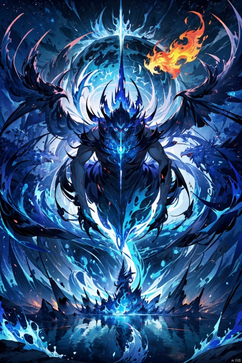 absurd, ((high-resolution)), ultra detailed, artistic illustration, 8k, (intricate detailed design), vivid colors,  phoenix Phantom beast, blue and red fire anura, glowing eyes, unexplored mountain, (Eruption: 1.1), starlight lake, reflection stars, night, abyssal, darkness, Blue flame and red flame color theme, fractal, psychedelic, whimsical