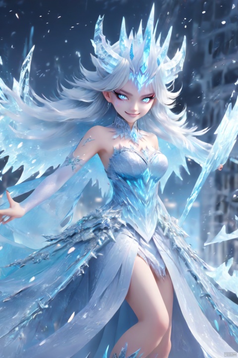  (masterpiece, top quality, best quality, official art, beautiful and aesthetic:1.2), 
(ice demon queen_girl,), light smile, 
ice demon queen dress, intricate dress, highest detailed, zoom_out, perfect eyes, random hairstyle,loli,
ice demon queen pupil,smashing of airbrush drawing,
smashed particle drawing,plane particle drawing,