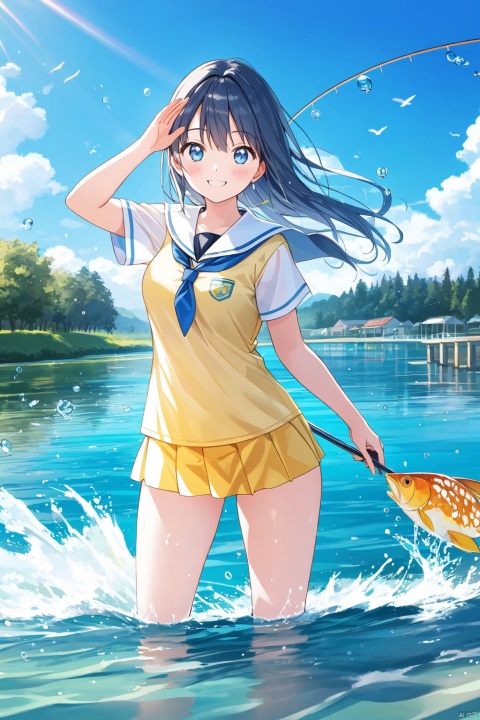 countryside, fishing for carp, water drops, girl, smile, school swimwear, dynamic, motion blur, action line, highest_detailed, decorated, hyper_deformed smile