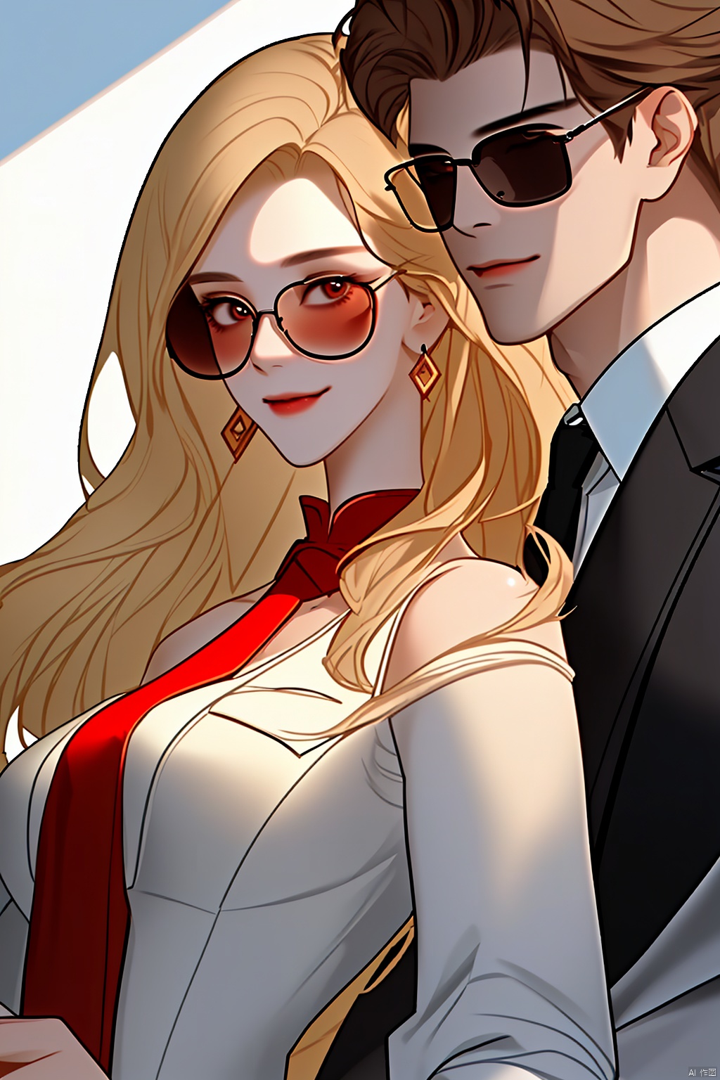  (Extremely detailed CG unified 8k wallpaper) (Masterpiece), (Best picture quality), (Ultra detailed), (Best illustration), (Best shadow), (Extremely exquisite and beautiful) ,((1girl:1.2,1boy:1.2)),blonde hair, sunglass, pocket, white suits, red tie, smile, anger, look at viewer, rounded shoulders, woman