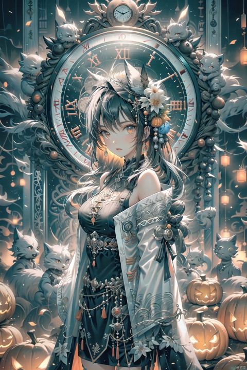  a girl in a costume standing in front of a group of pumpkins with a clock in the background