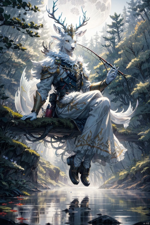  boy,short hair,ancient costume,fishing,sitting cross-legged,forest,sparkling spring,(white stag:1.2),white,glowing,walking slowly,moon-shaped,colorful patterns,serene expression,focused,looking at fishing rod,ripples on the water,clear reflection,fish jumping,moss-covered rocks,lush greenery,tall trees,breezy atmosphere,sunlight filtering through the leaves,tranquility,peaceful ambiance,nature’s beauty,Early morning,Fog,Tyndall light effect, masterpiece,best quality,highly detailed,Amazing,finely detail,extremely detailed CG unity 8k wallpaper,score:>=60, incredibly absurdres,wallpaper,realistic,real,photo,landscape,foreshortening, BJ_Sacred_beast，smashing of airbrush drawing,
smashed particle drawing,plane particle drawing,