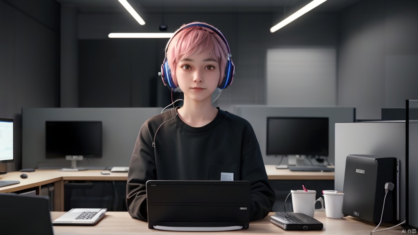 A short-haired pink character, wearing headphones and dark clothes, sits at a table surrounded by electronic devices, including computer monitors and keyboards and other devices, with what appears to be a dark room in the background, it could be an office or a tech lab with posters and documents on the walls, a character who seems to be focused on work, it could be coding or designing, dark clothes, electronics, computer monitors, keyboards, posters, walls,