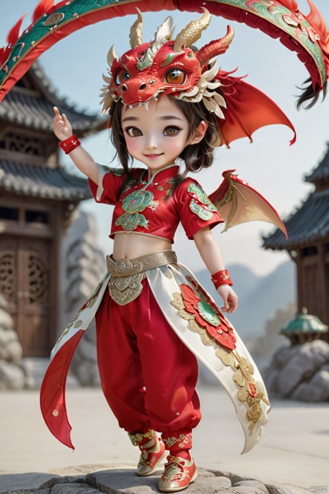  1girl, solo, long hair, smile, shut up, smile, dragon headdress, cute red platinum hanbok top and pants,Bow to the hand