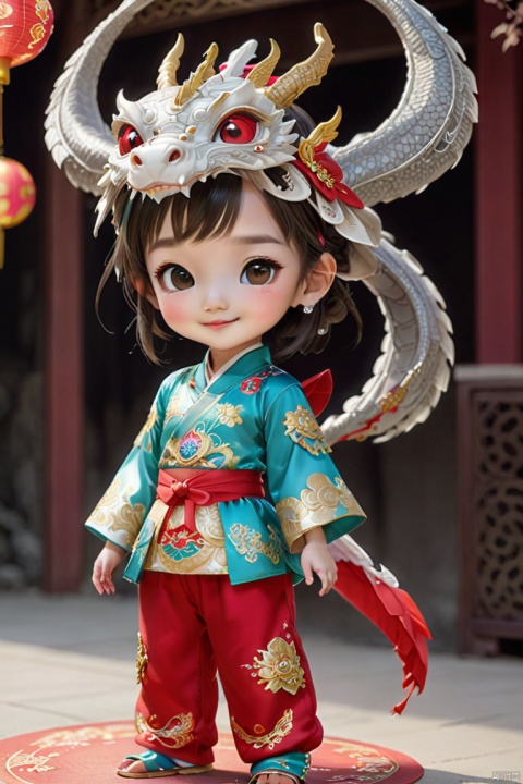  1girl, solo, long hair, smile, shut up, smile, dragon headdress, cute red platinum hanbok top and pants,Bow to the hand