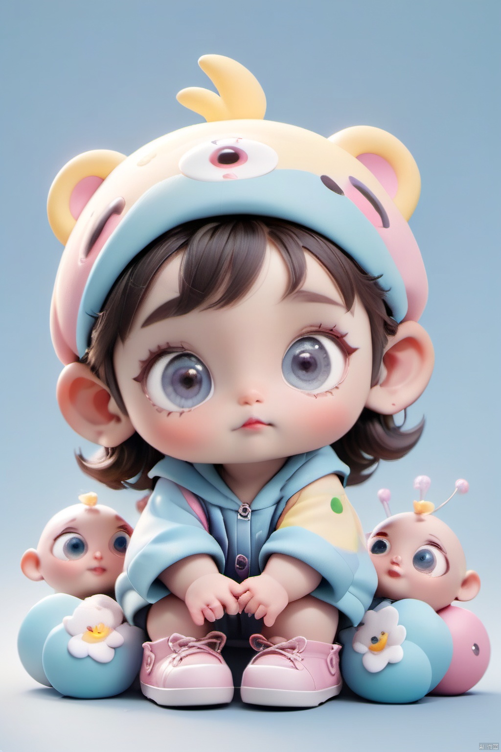  A cute and technological IP with eyes and babies as the theme
, 3d stely，colorful，